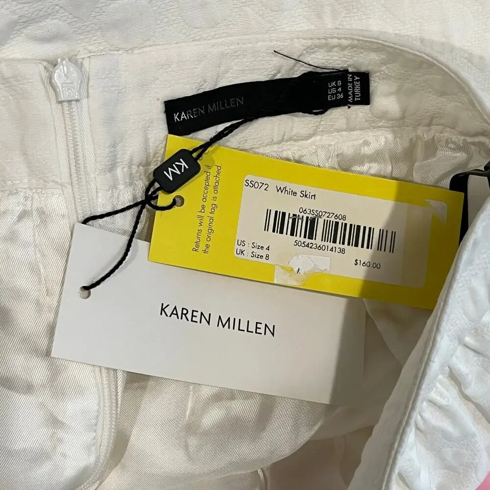 Karen Millen Textured Mini Skater Skirt White Size 4 Fit Flare Pockets NWT